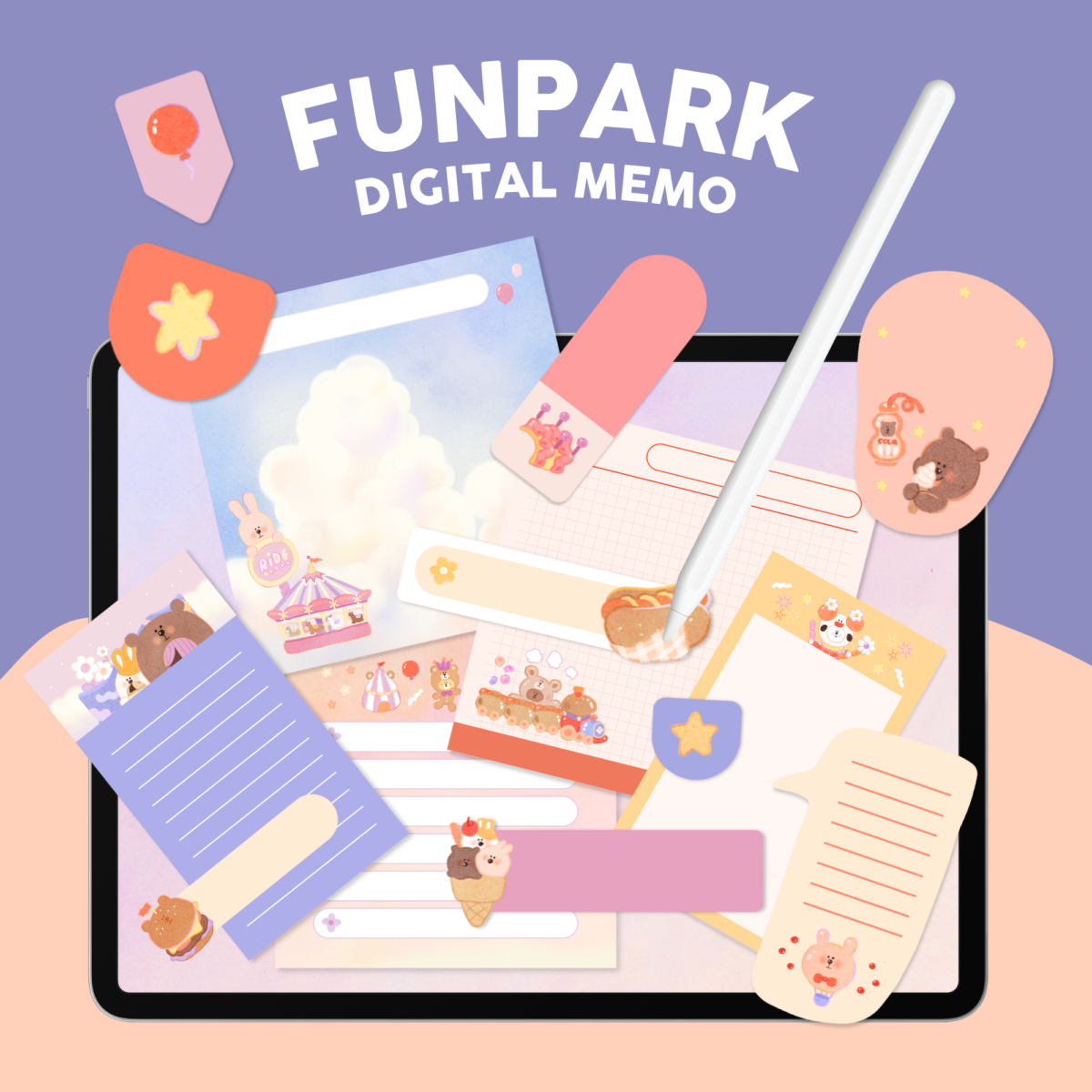 digital stickers สติ๊กเกอร์ png สติ๊กเกอร์ goodnote sticker goodnote สมุดโน๊ต กระดาษโน๊ต png memopad memo pad digital notebook template goodnote - FAHFAHS digital pack (funpark)