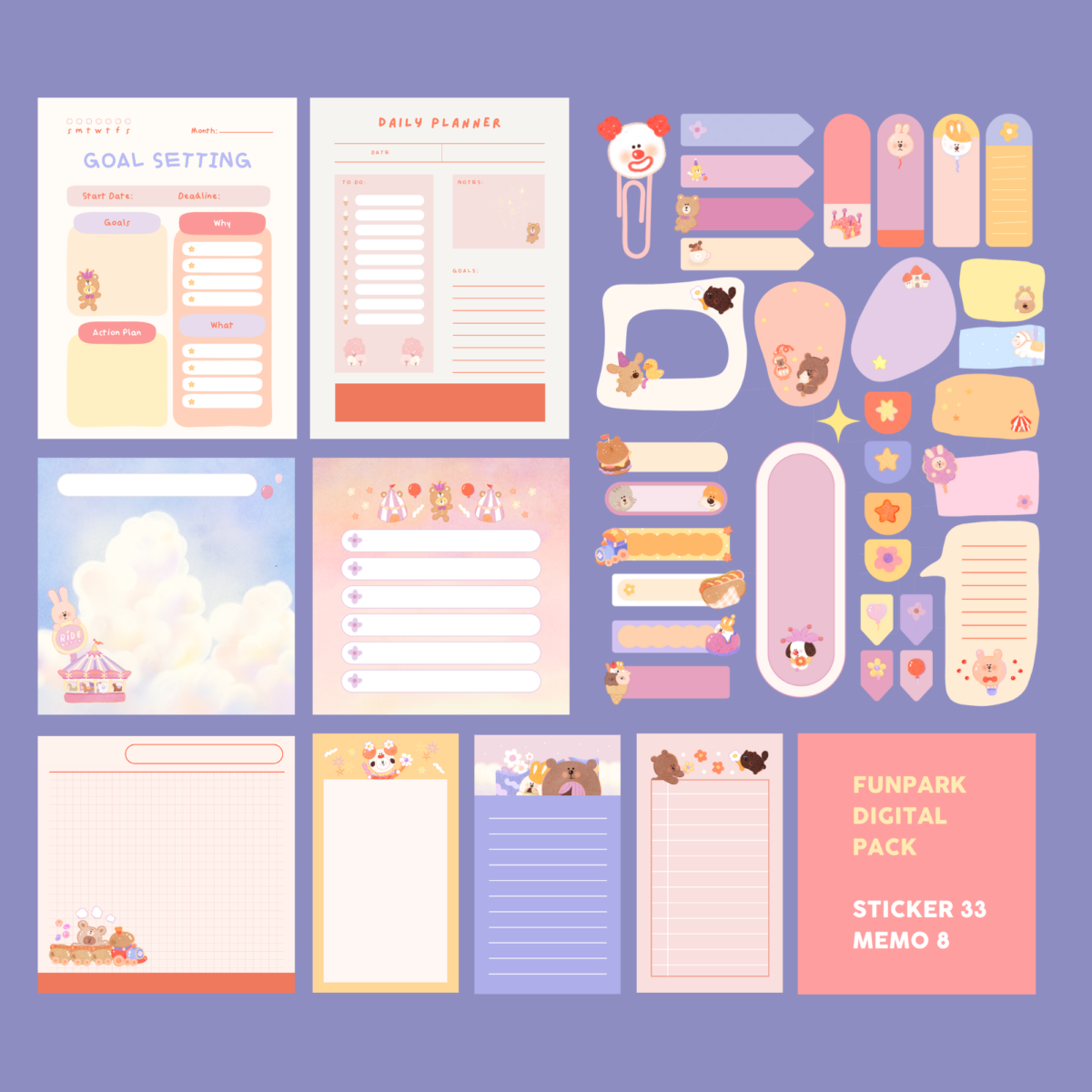 digital stickers สติ๊กเกอร์ png สติ๊กเกอร์ goodnote sticker goodnote สมุดโน๊ต กระดาษโน๊ต png memopad memo pad digital notebook template goodnote - FAHFAHS digital pack (funpark)