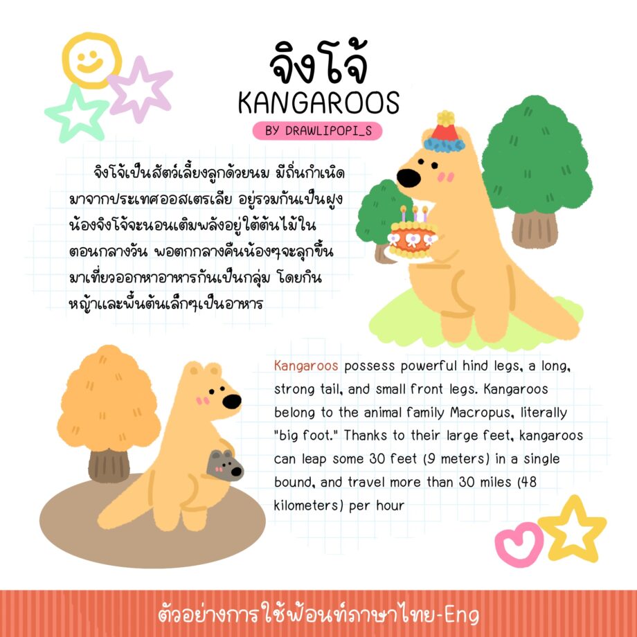 ฟอนต์ไทย ฟอนต์อังกฤษ Thai English font - DRAWLIPOPI_S font (kangaroo) ตัวอย่างการใช้งาน