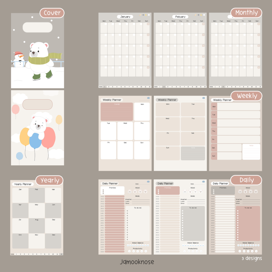 ตารางเดือน weekly planner - JAMOOKNOSE digital planner (minimal bear)