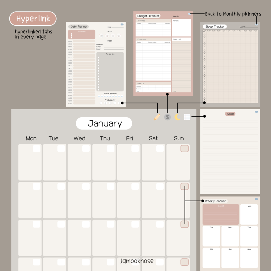 ตารางเดือน monthly planner - JAMOOKNOSE digital planner (minimal bear)