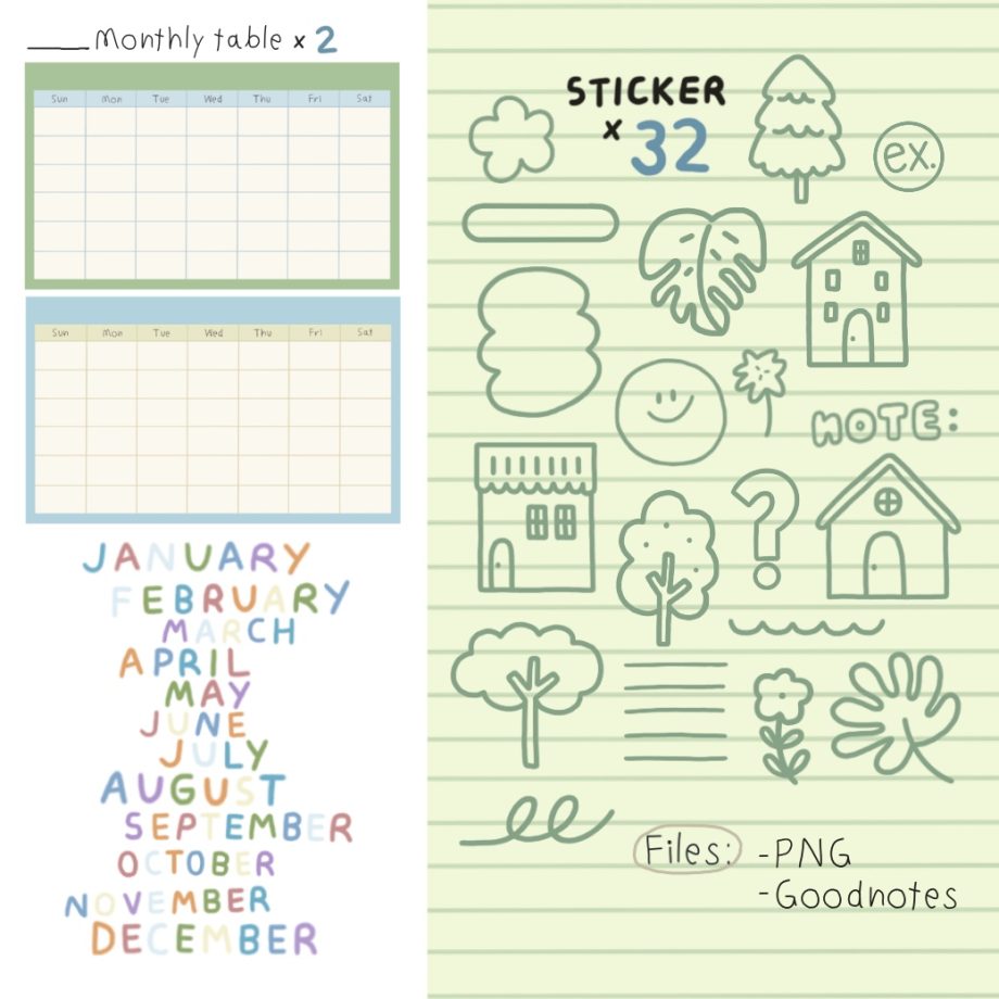 monthly planner digital stickers สติ๊กเกอร์ goodnote png - CHAGACHER digital notebook (calm ver.2)