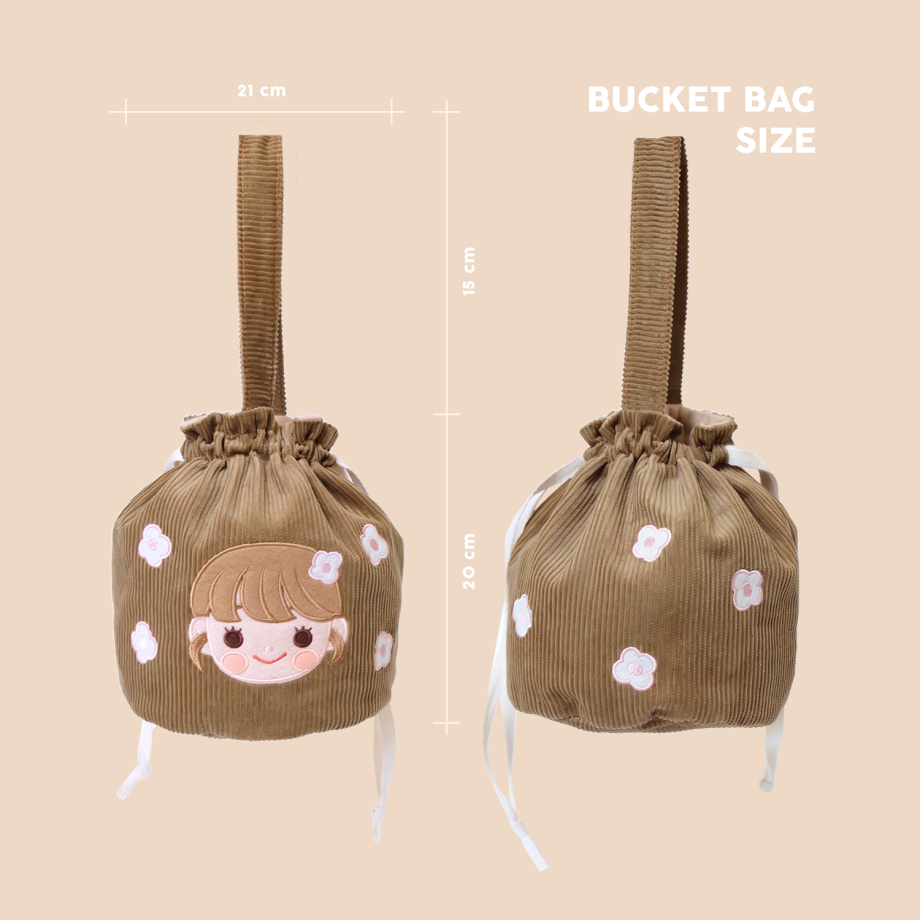 กระเป๋าผ้า กระเป๋าสะพายข้าง กระเป๋าหูรูด - FAHFAHS bucket bag (ovaltine) ด้านหน้า ด้านหลัง
