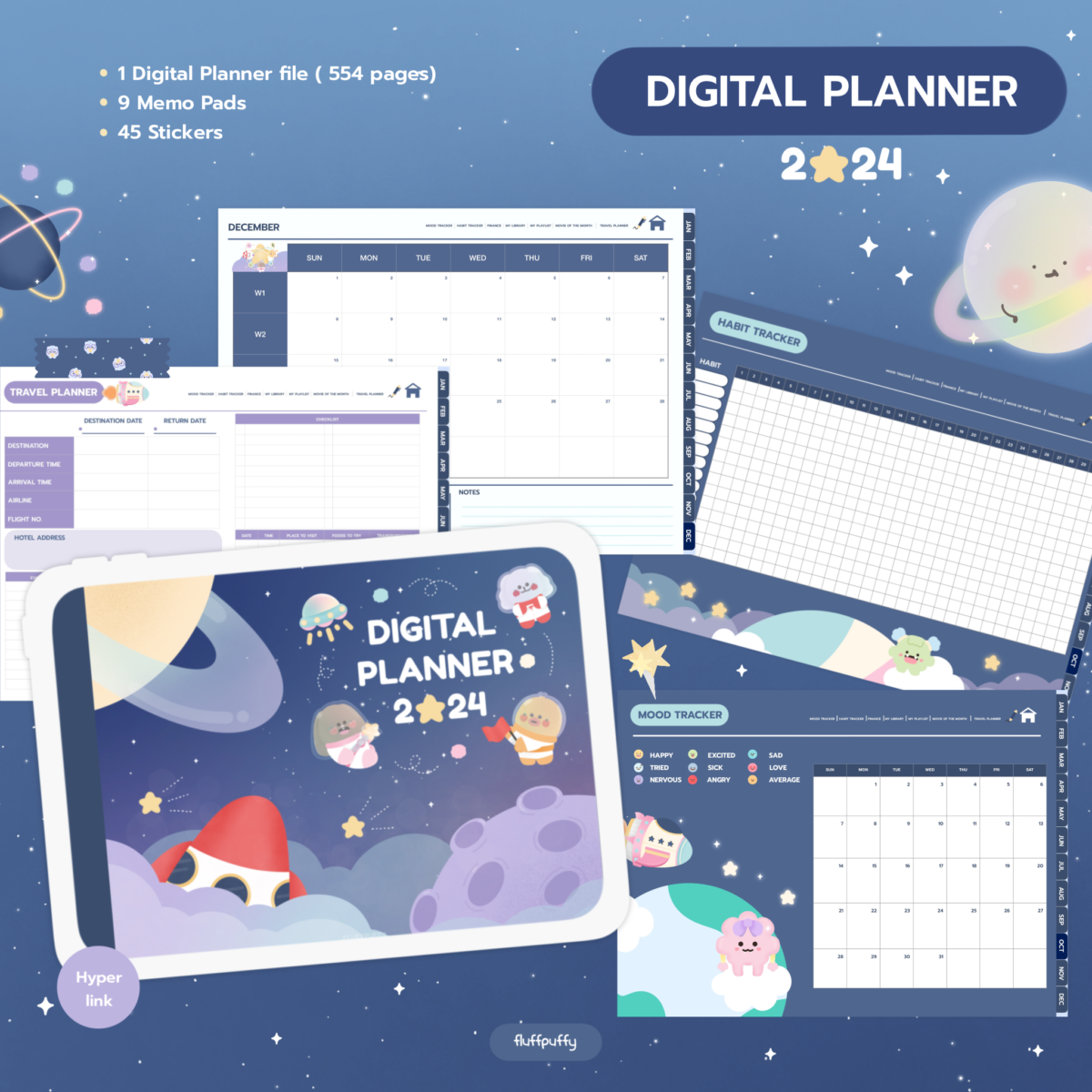 แพลนเนอร์ goodnote template 2024 digital planner: FLUFFPUFFY monthly galaxy Cover