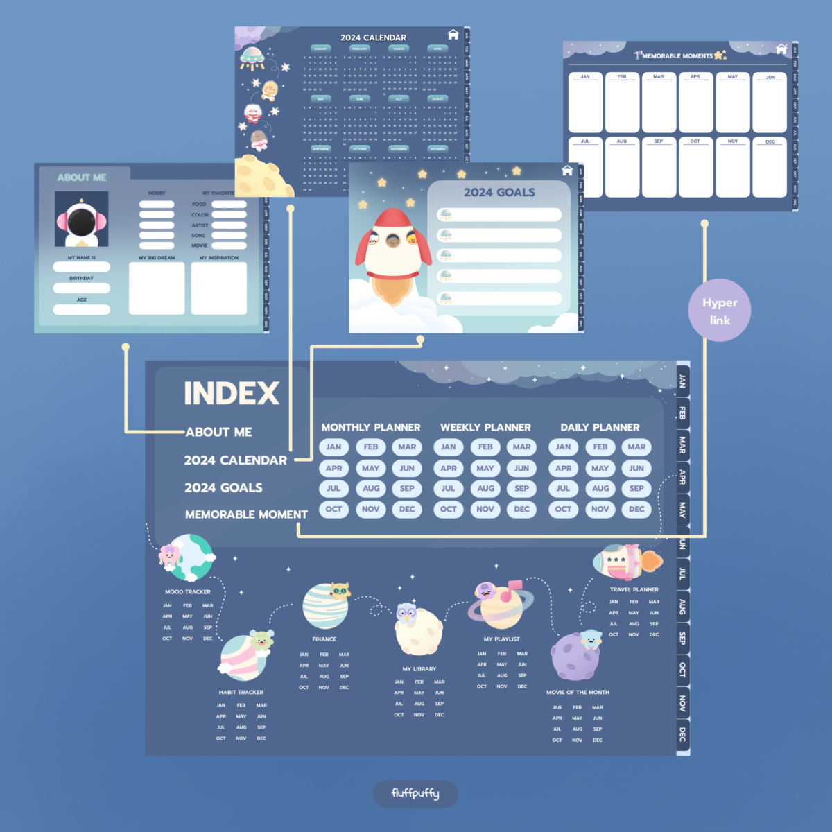 แพลนเนอร์ goodnote template 2024 digital planner: FLUFFPUFFY monthly galaxy Preview 3