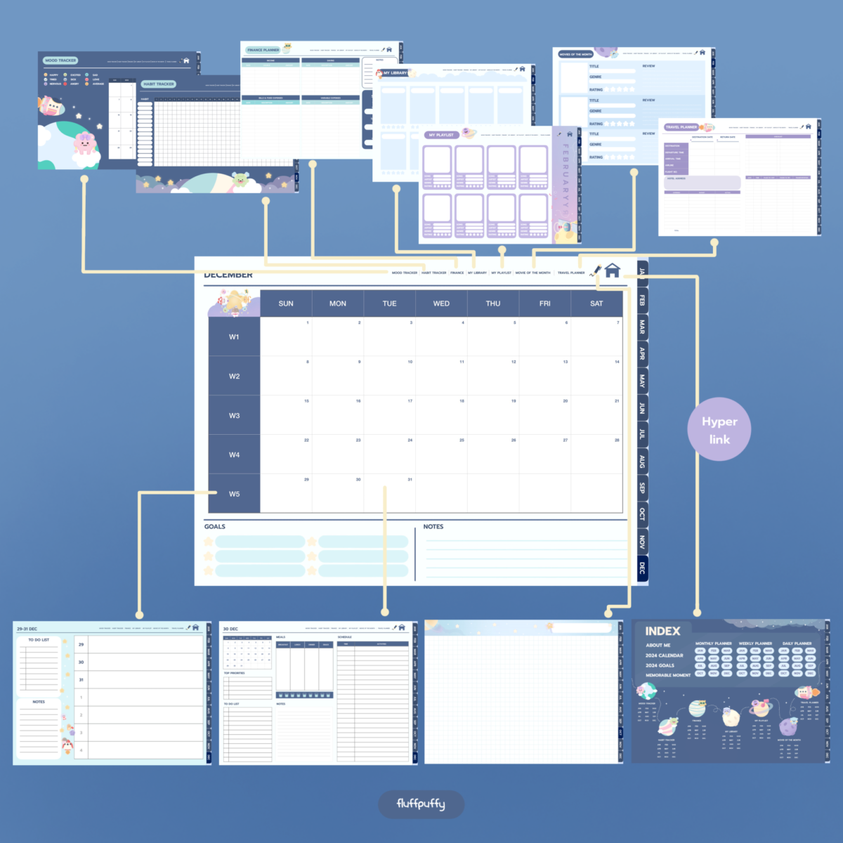 แพลนเนอร์ goodnote template 2024 digital planner: FLUFFPUFFY monthly galaxy Preview 1