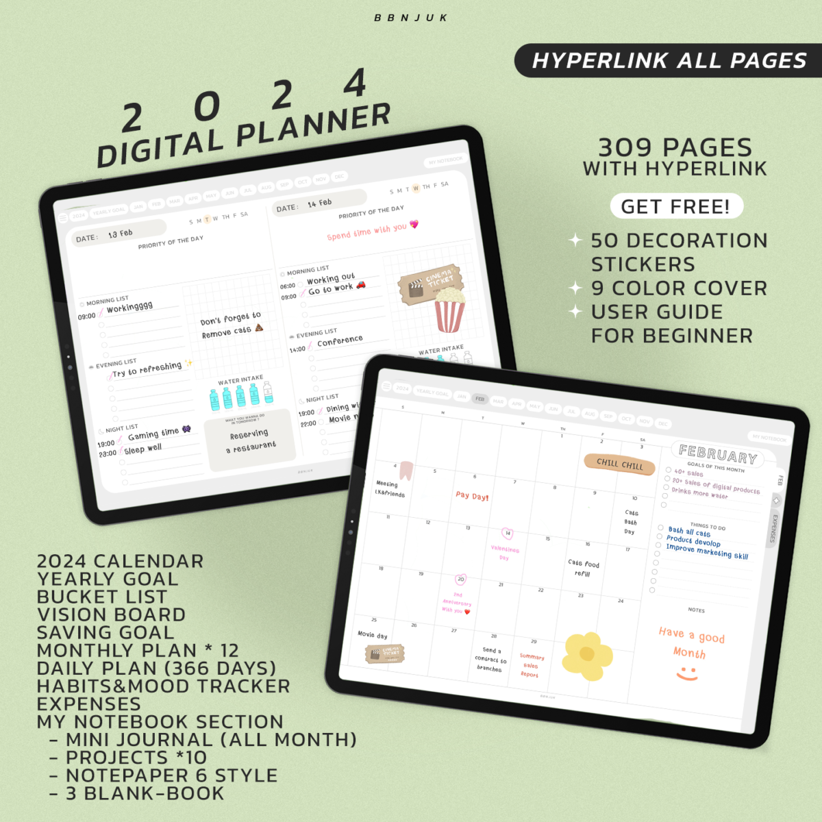 แพลนเนอร์ goodnote template 2024 digital planner: BBNJUK light and clean Cover