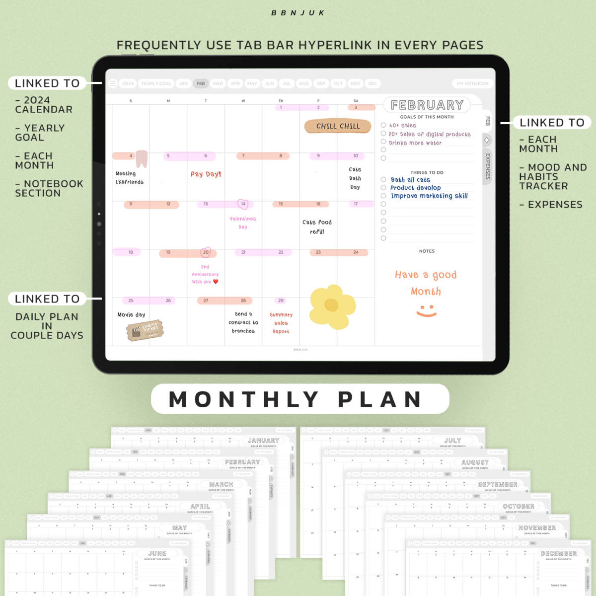 แพลนเนอร์ goodnote template 2024 digital planner: BBNJUK light and clean Monthly