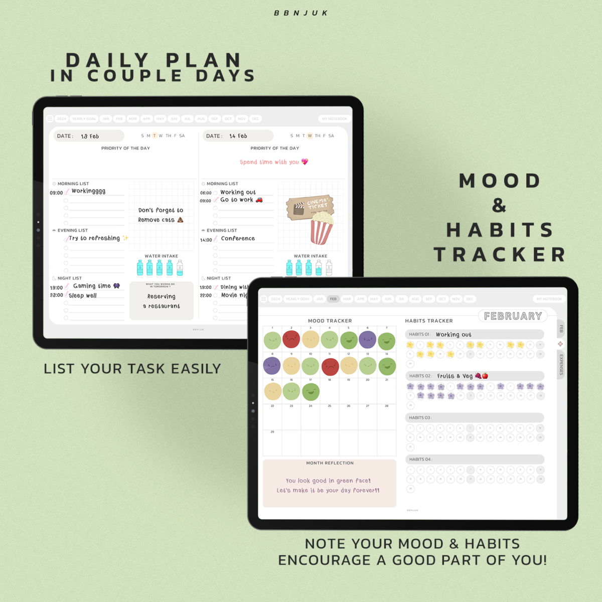 แพลนเนอร์ goodnote template 2024 digital planner: BBNJUK light and clean Mood Tracker