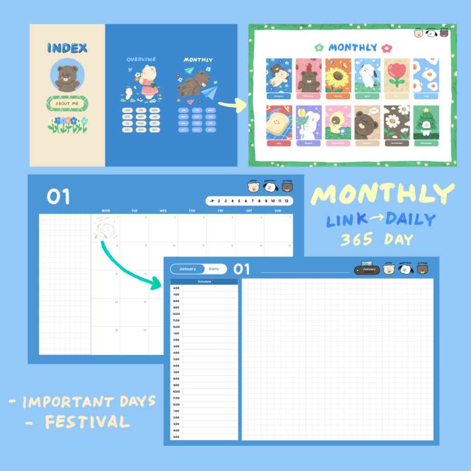 planner planners แพลนเนอร์ goodnote template 2024 digital planner: BOMBZSTUDIO Bombx bear Preview 1