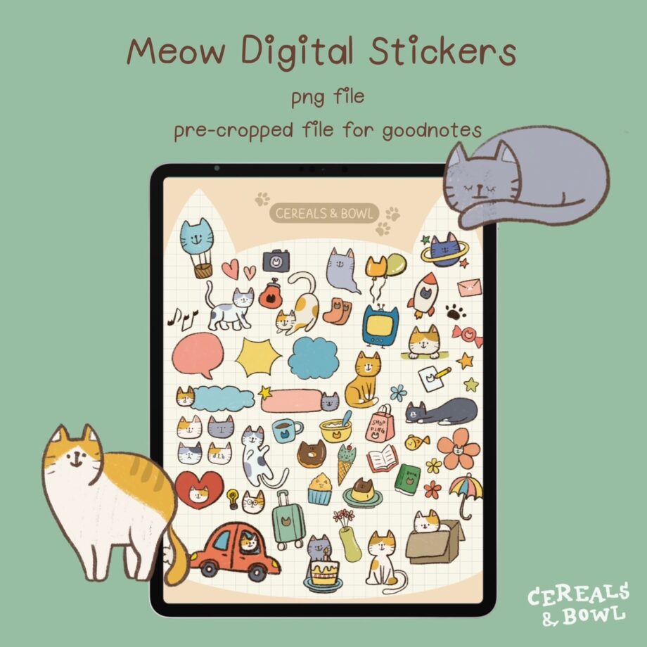 สติ๊กเกอร์ goodnotes png digital sticker: CEREALS & BOWL meow combo