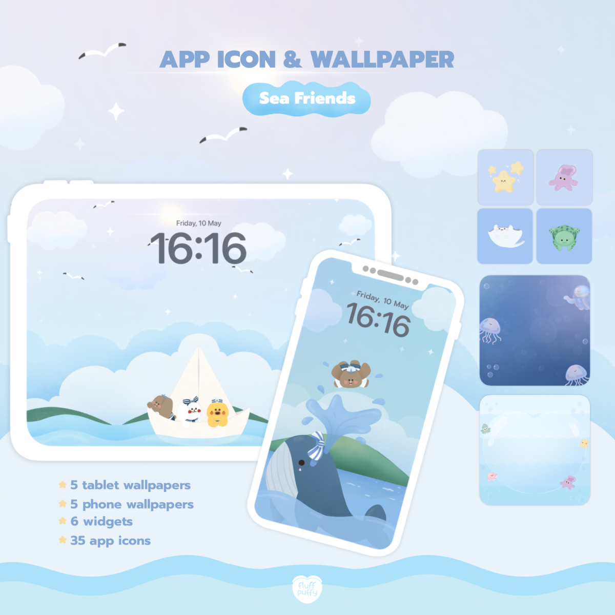 วอลเปเปอร์ไอโฟน ไอคอน วิดเจ็ต widget wallpaper iphone pc ipad: FLUFFPUFFY icon sea friends Cover