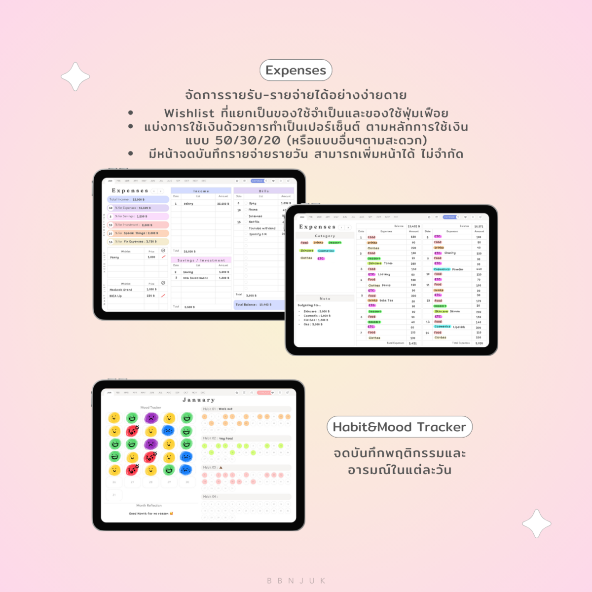 planners แพลนเนอร์ goodnote template digital planner: BBNJUK undated project ver: รายรับรายจ่าย