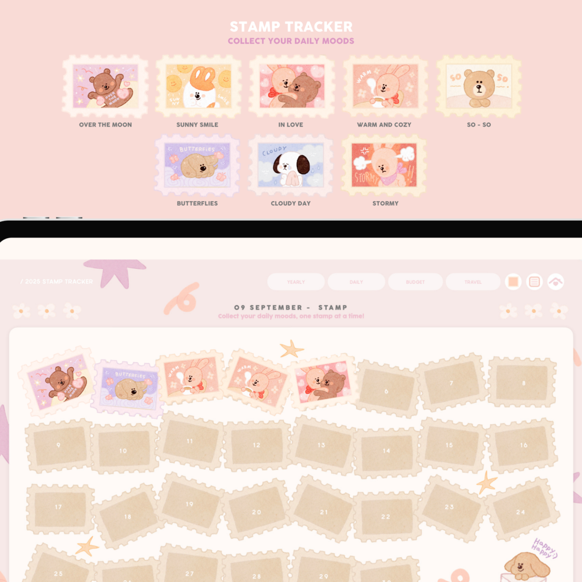 planners แพลนเนอร์ goodnote template 2025 digital planner: FAHFAHS 2025: stamp collected mood tracker