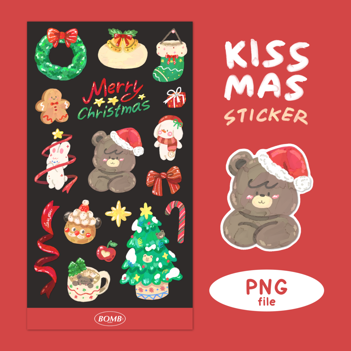 สติ๊กเกอร์ goodnotes png digital sticker: BOMBZSTUDIO: Kiss mas Cover