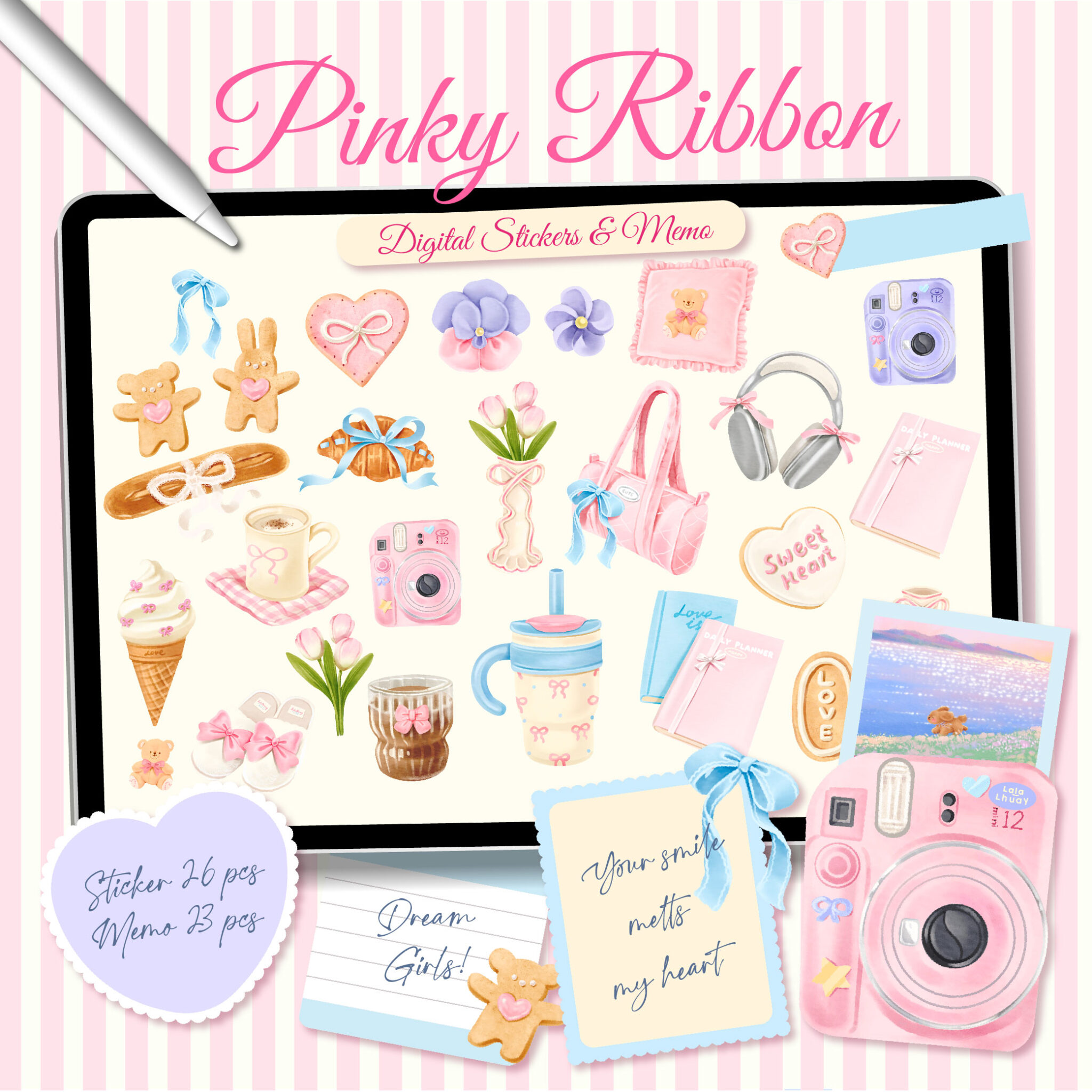 สติ๊กเกอร์ goodnotes png digital sticker: Lalalhauy: Pinky Ribbon: Cover