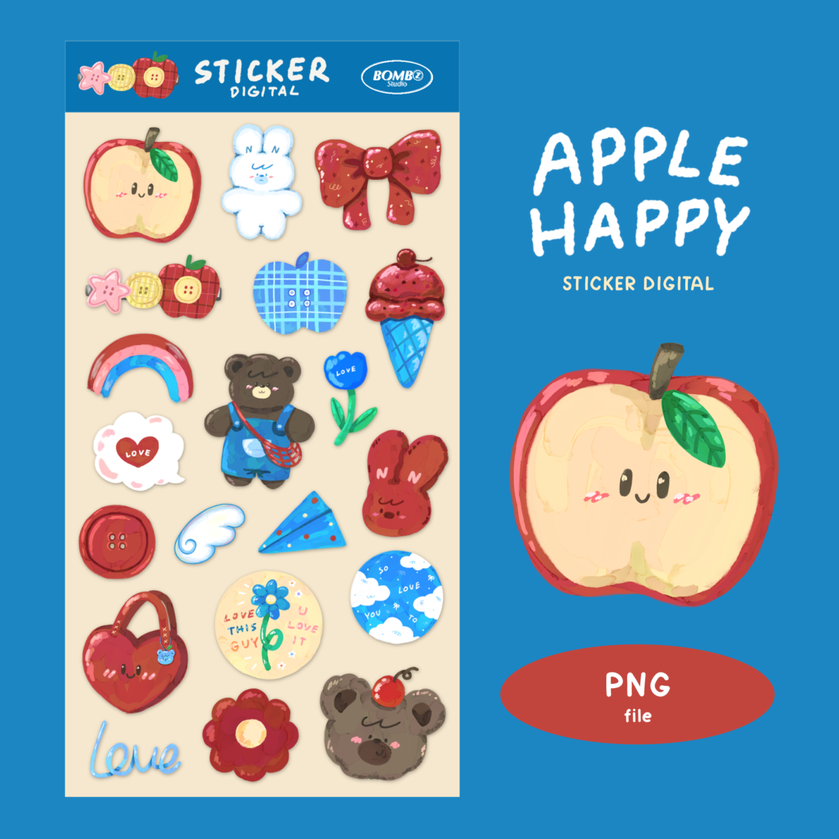 สติ๊กเกอร์ goodnotes png digital sticker: BOMBZSTUDIO: apple happy: cover