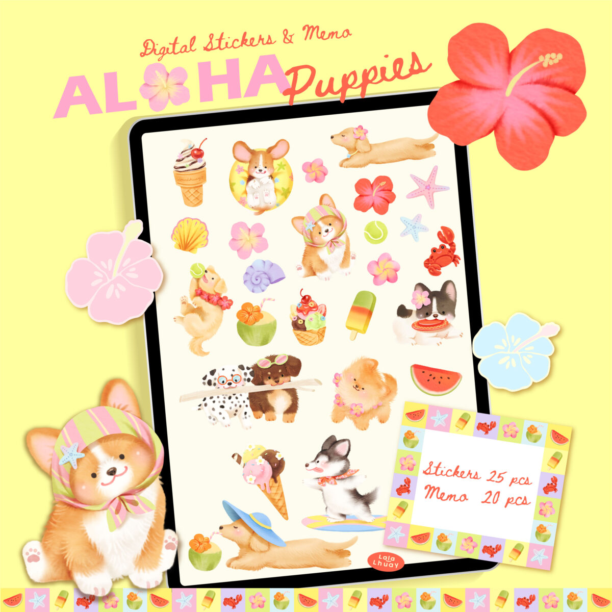 สติ๊กเกอร์ goodnotes png digital sticker: Lalalhauy: aloha puppies: cover