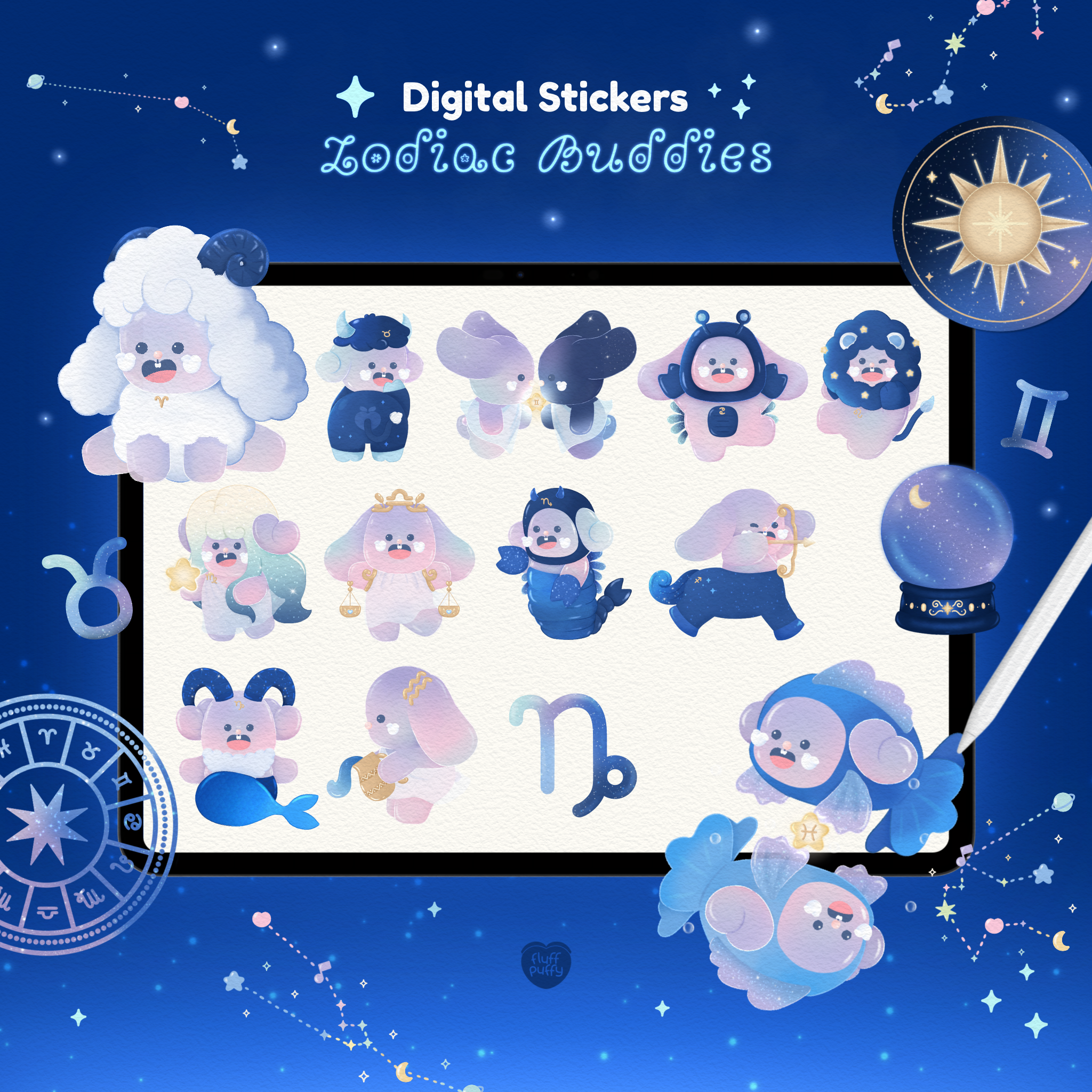 สติ๊กเกอร์ goodnotes png digital sticker: FLUFFPUFFY: zodiac buddies: cover