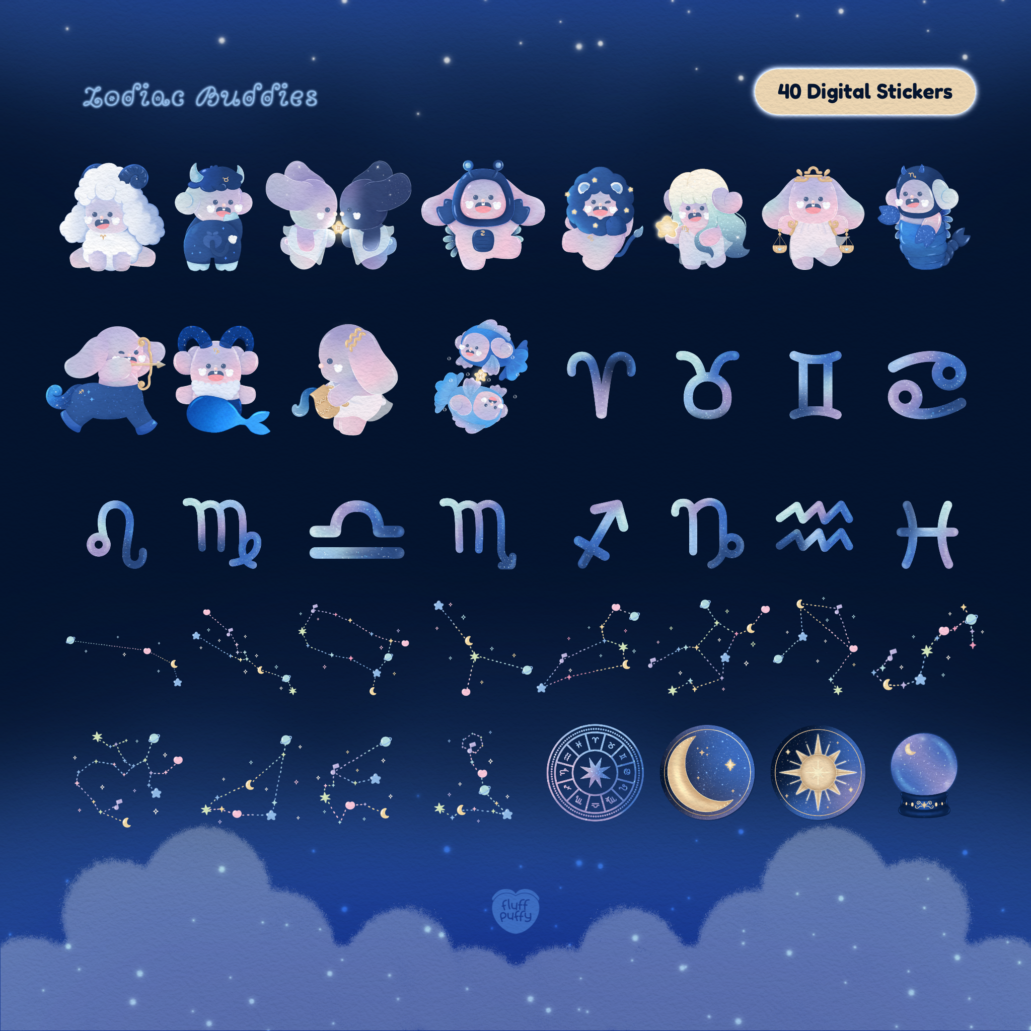 สติ๊กเกอร์ goodnotes png digital sticker: FLUFFPUFFY: zodiac buddies: preview